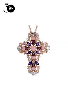 5x3mm Oval, .40ctw Round Cabochon Peruvian Pink Opal With 0.77ctw Marquise African Amethyst, 0.90ctw Pear shape Rhodolite And 1.42ctw Round White Zircon 18k Rose Gold Over Sterling Silver Cross Pendant With Chain. Measures Approximately 1.63"L x 1.21"W. Accent stones primarily zircon. Rose Gold Oval Multi-stone Jewelry, Sterling Silver Cross Pendant, Silver Cross Pendant, Pendant With Chain, Cross Jewelry, Sterling Silver Cross, Pink Opal, Silver Cross, Pear Shape