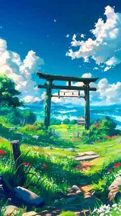 an anime landscape with a gate and flowers in the foreground