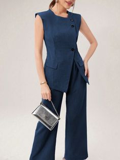 2pcs Women's Elegant Solid Color Vest And Pants Set, Summer Navy Blue Elegant    Plain  Non-Stretch  Women Clothing, size features are:Bust: ,Length: ,Sleeve Length: Elegant Office Outfit, Estilo Kardashian, Vest Blazer, Womens Tie, Weekend Wear, Fashion Items, Inspiration Mode, Classy Women, Linen Women