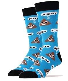 a blue sock with poop on it and the words poop in black socks