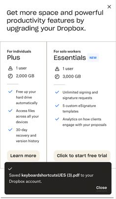 the pricing page for an app showing how to get more space and powerful product features by uploading your dropbox