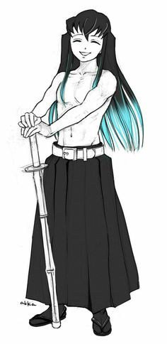 a drawing of a girl with long blue hair holding a scooter in her hand