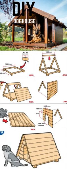 the instructions for how to build a diy doghouse with pictures and text on it