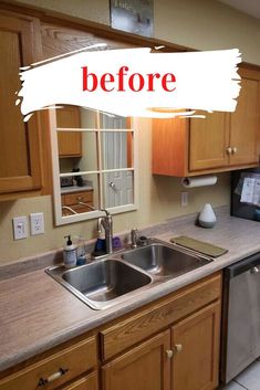 before and after photos of a kitchen with wood cabinets, stainless steel sink, dishwasher