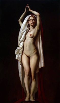 a painting of a nude woman with a white shawl on her head and hands in the air