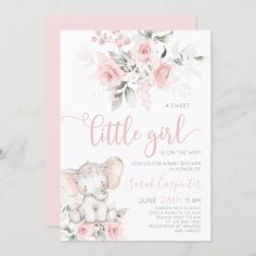 an elephant and flowers baby shower is shown on the front of this pink, floral - themed card