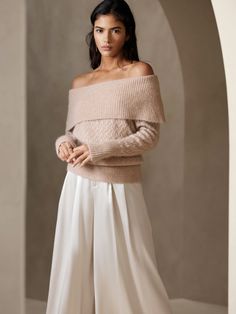 Lustro Lurex Off-Shoulder Sweater | Banana Republic Fur Gilet, Premium Outlets, Off The Shoulder Sweater, Textured Skirt, Tapered Trousers, Off Shoulder Sweater, Current Fashion Trends, Romantic Style, Shoulder Sweater