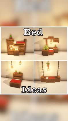 the bed is made from wood and has red pillows