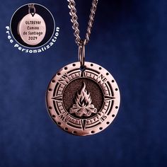 This unique necklace with a compass and campfire symbol is perfect for anyone who loves mountain hikes, camp life, and family summer rest. Whether you're a boy scout or girl scout, it's a reminder of evenings around the campfire, sharing scary stories, and creating memories that last a lifetime. A timeless piece to carry the spirit of childhood adventures and outdoor impressions wherever you go. The compass represents direction and guidance, reminding the wearer to follow their path and stay tru Amulet Style Jewelry With Compass Design As A Gift, Amulet Style Compass Pendant Necklace, Stainless Steel Pendant Necklace With Compass Design, Symbolic Compass Pendant Jewelry, Boy Scout Camping, Travel-themed Compass Design Round Pendant Necklace, Travel Necklace, Family Summer, Scout Camping