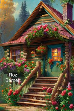 a painting of a small cabin with flowers on the porch and steps leading up to it