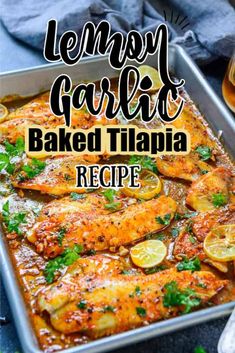 lemon garlic baked tilama recipe in a pan