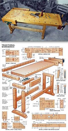 the plans for a wooden bench are shown