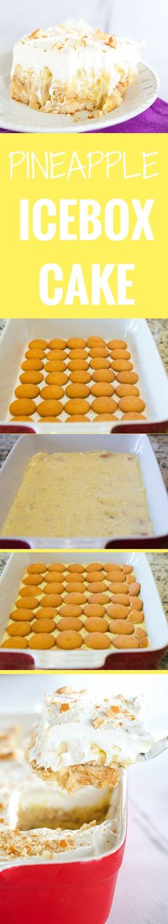 three different pans filled with icebox cookies on top of each other and the words pineapple icebox cake above them