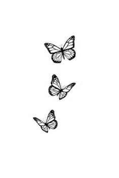 three butterflies flying in the air with one on its back and one on it's side