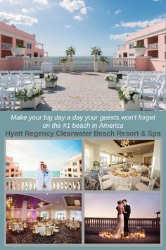 an advertisement for a wedding in front of the ocean with photos and text that reads, make your big day a day you guests won't forget