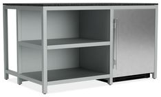 a metal cabinet with two shelves and one door open on the side, in front of a white background