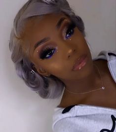 Baddie Glitter Makeup, Blue Makeup Ideas For Black Women, Full Face Make Up Ideas, Pop Of Color Makeup Black Women, Royal Blue Makeup Looks Black Women Prom, Blue Glitter Makeup Looks, Blue And Silver Makeup Looks Black Women, Sliver Makeup Black Women, Royal Blue Makeup Looks Black Women