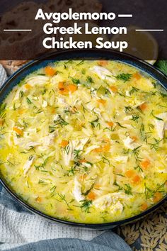 a bowl of chicken soup with bread in the background and text overlay that reads, avgolemono greek lemon chicken soup