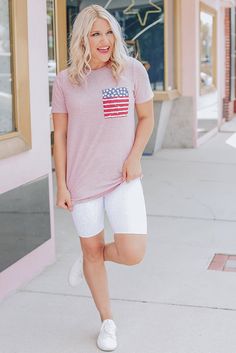 Pink Only In America Pocket Striped T-shirt Sporty Flag Print Summer Tops, Sporty Summer Tops With Flag Print, Summer Flag Print Short Sleeve Tops, Summer Flag Print Crew Neck T-shirt, Summer Crew Neck T-shirt With Flag Print, Spring Shirt With Flag Print And Short Sleeves, American Flag Print Graphic Tee For Spring, American Flag Print Short Sleeve Top For Spring, Spring Short Sleeve Shirt With Flag Print