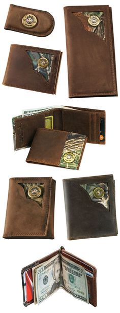 several different types of leather wallets with money in the front and side pockets open