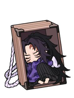 an anime character with long hair sitting in a wooden box on a white background and looking at the camera