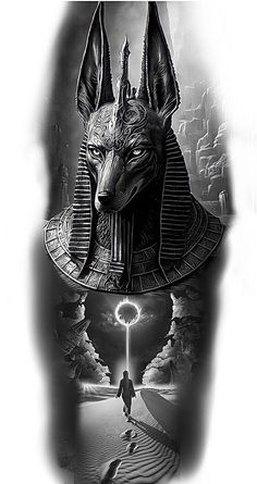 an egyptian tattoo design with the image of anub and his head in black and white