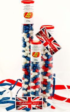 red, white and blue candies are stacked on top of each other