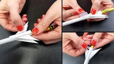 four photos showing how to make an origami airplane with sharpie markers and crayons