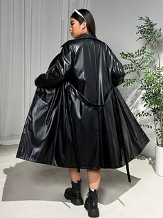 Plus Size Women's Fall/Winter Collegiate Style Casual Party Everyday Wear Black PU Leather Fabric Double-Breasted Lapel Collar Long Sleeve Pockets Lined Belted Trench Coat Black Casual  Long Sleeve PU Leather Plain Regular Non-Stretch Spring/Fall Women Plus Clothing, size features are:Bust: ,Length: ,Sleeve Length: Plus Size Trench Coat, Collegiate Style, Long Coat Jacket, Belted Trench Coat, Raincoats For Women, Trench Coat Black, Outdoor Wear, Kids Sleepwear, Casual Party