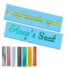 two stickers with the words stay's seat and colorful pencils next to them