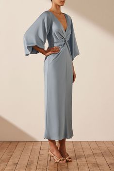 LUXE BALLOON SLEEVE KNOT FRONT MIDI DRESS | Azure | Dresses | Shona Joy – Shona Joy International Azure Dress, Sateen Dress, Shona Joy, Stylish Party Dresses, Rose Dresses, Silk Touch, Modest Wear, Slim Fit Top, Midi Length Skirts