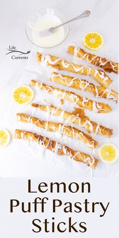 lemon puff pastry sticks with white icing and sliced lemons