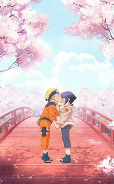 naruto and sashirt kissing on a bridge in the middle of cherry blossom trees