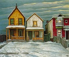 a painting of three houses on a snowy day with the sky in the back ground