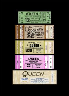 four different colored tickets with the words queen and queen on them, each one has an image