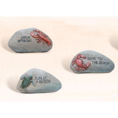 three rocks with sea animals painted on them and the words, catch off the day come to the beach