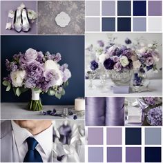 a collage of purple and white wedding colors