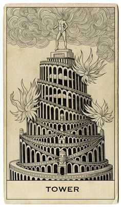 a drawing of a tower with people on top and clouds in the sky above it