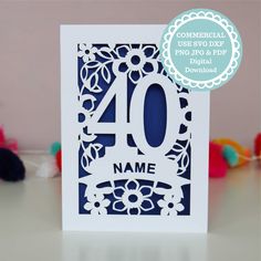 a blue and white card with the number 40 on it