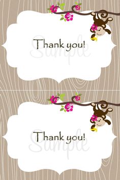 two monkey thank cards with the words thank you