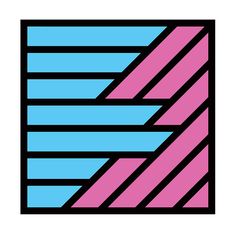 a blue, pink and black square with diagonal stripes on the bottom half of it