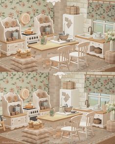 the kitchen is decorated in pastel colors