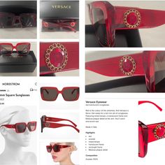 Versage Stunning Ruby Red Transparent Square Frame Sunglasses With Ruby Red Like Crystal With Versace Logo Medusa In Gold Inside , Outer Detailing With Little Red Crystals Surrounding The Larger Red Crystal, Plus , Sculpted With Gold Tone Detailing, Just Stunning For Ruby Lovers, Just Like Jewelry For The Face Brown Tinted Lenses Have 100% Uv Protection , Made And Crafted In Italy Luxury Red Sunglasses With Gradient Lenses, Designer Red Tinted Sunglasses, Luxury Red Polarized Sunglasses, Luxury Red Tinted Sunglasses, Luxury Red Square Frame Sunglasses, Red Square Frame Sunglasses For Party, Luxury Red Sunglasses For Formal Occasions, Elegant Red Polarized Sunglasses, Luxury Red Sunglasses For Party