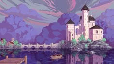 an artistic painting of a castle by the water