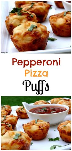 mini pizza puffs with sauce and herbs on the side are shown in this collage