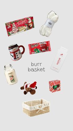 the contents of a christmas gift basket are arranged on a white background with text that reads,'burr basket '