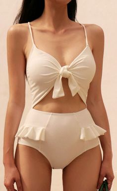 $49.90 -  White beige one piece bikini chunky with ruffles and  knot for elegant ladies, teens, and feminine women. Good swimsuit swimwear for summer beach. Suits With Shorts, Beige Swimsuit, Retro Bathing Suits, High Waist Swimsuit, Solid Color Bikinis, Cut Out One Piece, Feminine Women, Swimsuit Women, Swimsuits High Waisted