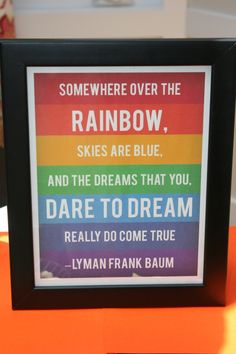 a rainbow poster with the words, somewhere over the rainbow skies are blue and the dreams that you dare to dream really do come true