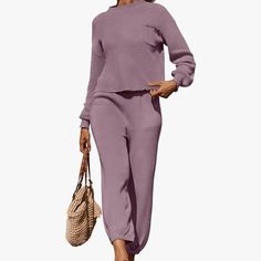 Nwot Zesica Women's 2 Piece Outfits Sweater Set Long Sleeve Mock Neck Knit Pullover Top High Waist Pant Tracksuit Lounge Sets - Large Amazon Casual Purple Workwear Set, Casual Purple Sets For Workwear, Fall Tracksuit, Sweater Two Piece Set, Sweater Fits, High Waist Bottoms, Tracksuit Women, Knit Pullover, Sweater Set