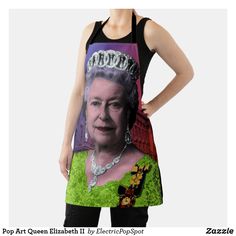 a woman wearing an apron with the queen elizabeth on it